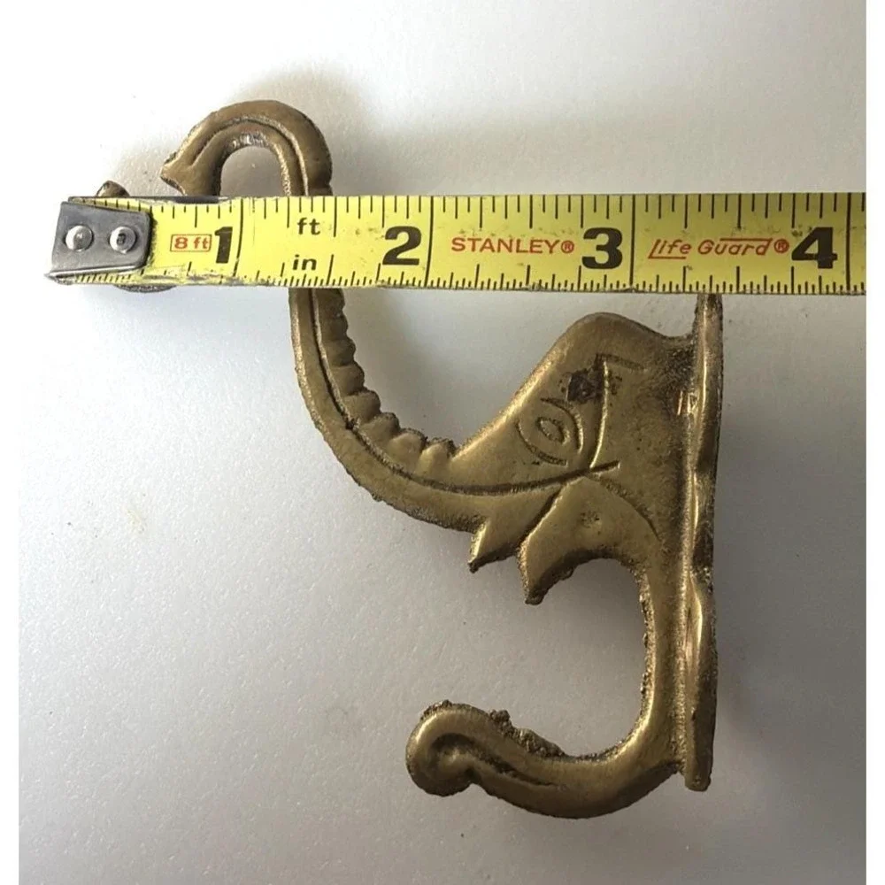 2 Vtg Solid Brass Elephant Head Double Wall Hooks Planter Coat Hangers Trunks Up
